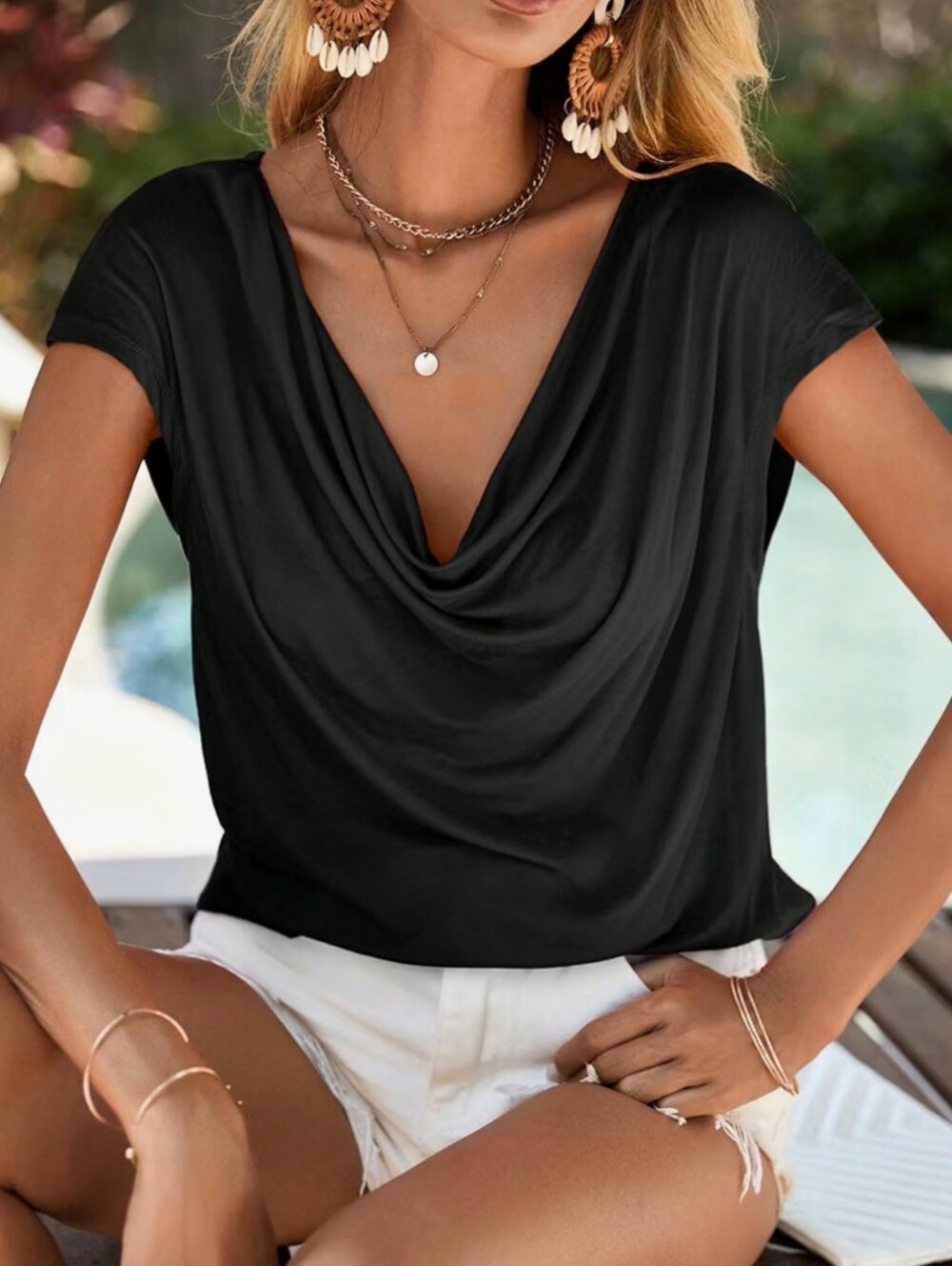 Cowl Neck Cap Sleeve T Shirt Draped Dressy Summer Tee Top